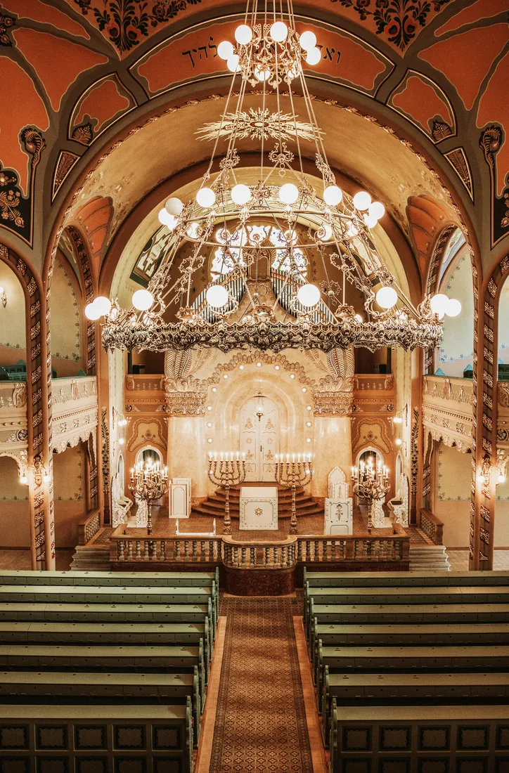 Interior of the restored Subotica Synagogue, looking towards the ark beneath the chandelier